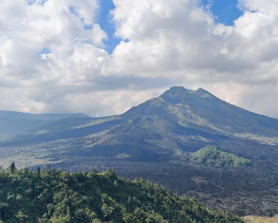 View of Mount Batur volcano and its lava field seen from a forested viewpoint in Bali