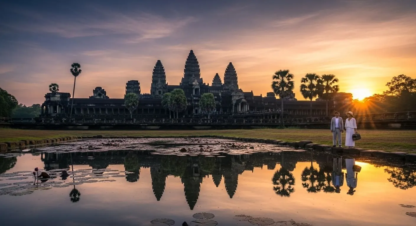 Ancient temple complex reflected in still water at golden hour