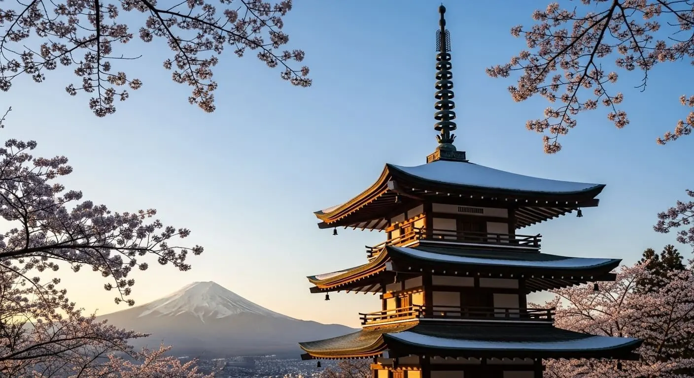 Chureito Pagoda framed by cherry blossoms with Mount Fuji in the background
