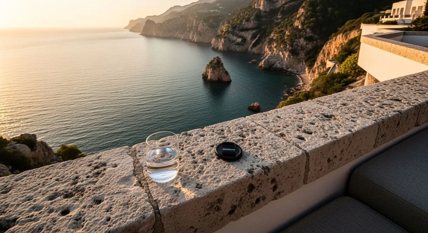 Drinks on a stone terrace overlooking dramatic coastal cliffs at sunset
