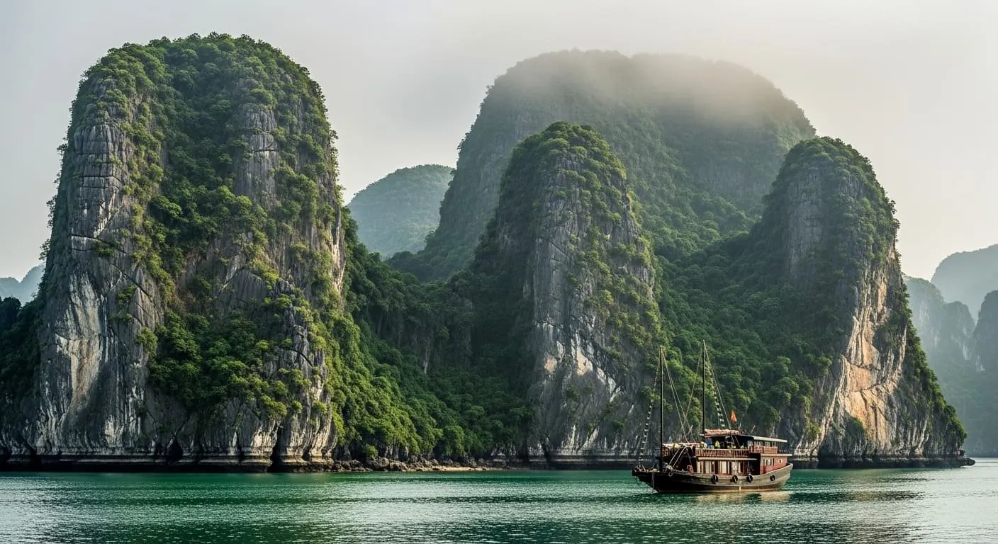 Traditional wooden junk boat sailing through dramatic limestone karst formations