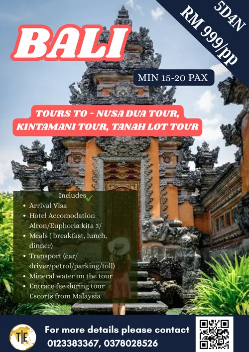 Bali tour package poster: Nusa Dua, Kintamani and Tanah Lot day tours, 4 days 3 nights, from RM999 per person