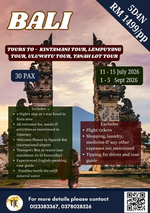 Bali tour package poster: Kintamani, Lempuyang, Uluwatu and Tanah Lot, 5 days 4 nights, July and September 2026 departures
