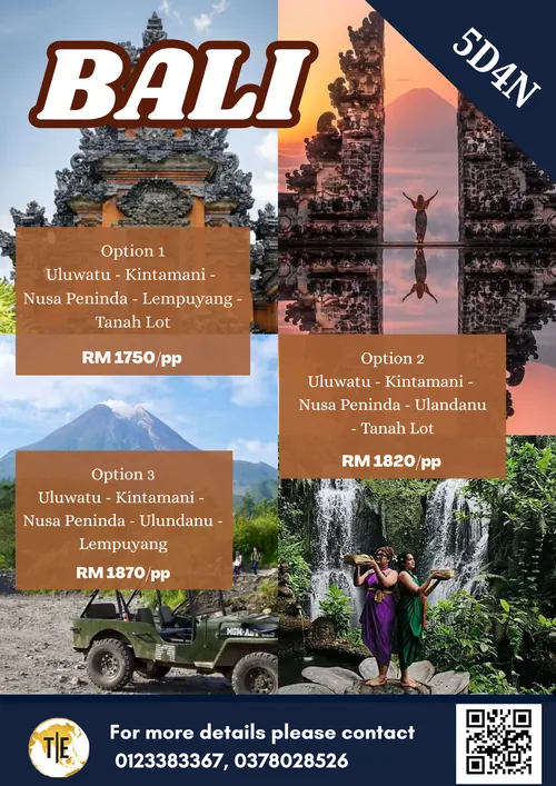 Bali tour package poster: Uluwatu, Kintamani, Nusa Penida, Lempuyang and Tanah Lot, 5 days 4 nights