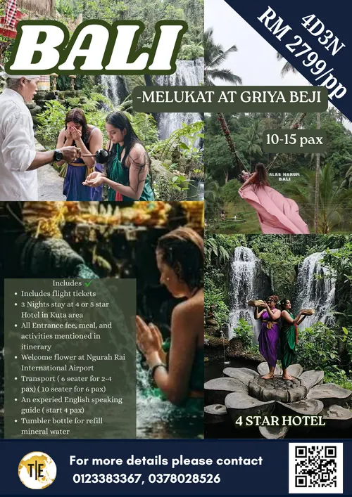 Bali Melukat water purification ritual tour package poster at Griya Beji, 4 days 3 nights, from RM2799 per person
