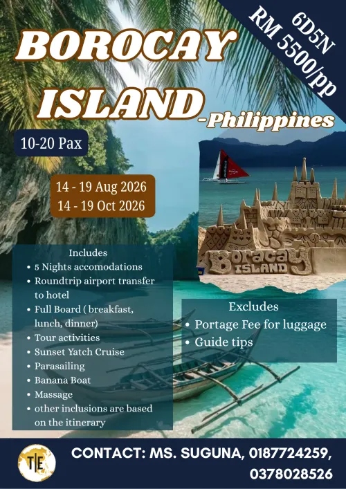 Boracay Island, Philippines tour package poster, 6D5N with pricing and August/October 2026 dates