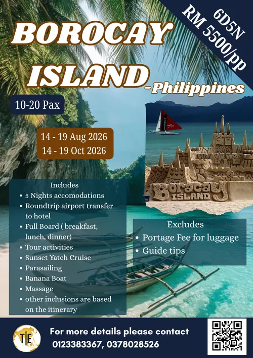 Boracay Island Philippines beach tour package poster: island hopping and sunset yacht cruise, 6 days 5 nights
