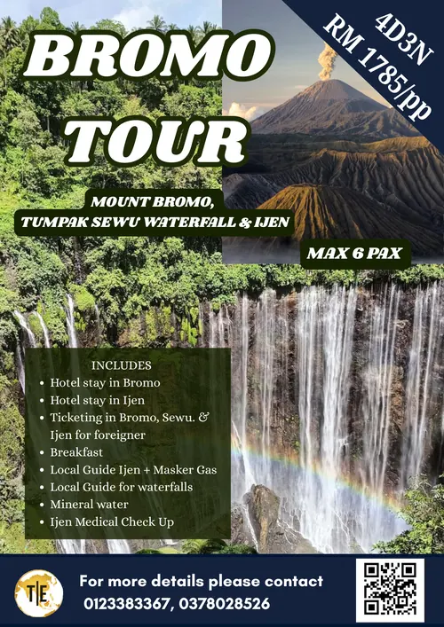 Mount Bromo tour package poster: sunrise volcano, Tumpak Sewu waterfall and Ijen crater, 4 days 3 nights