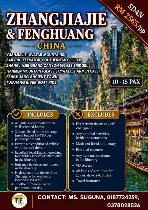 Zhangjiajie and Fenghuang, China tour package poster, 5D4N with pricing