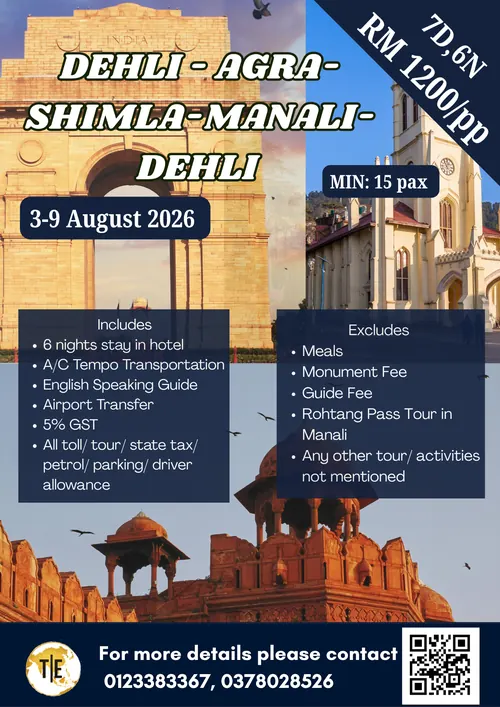 North India tour package poster: Delhi, Agra, Shimla and Manali, 7 days 6 nights, August 2026 departure