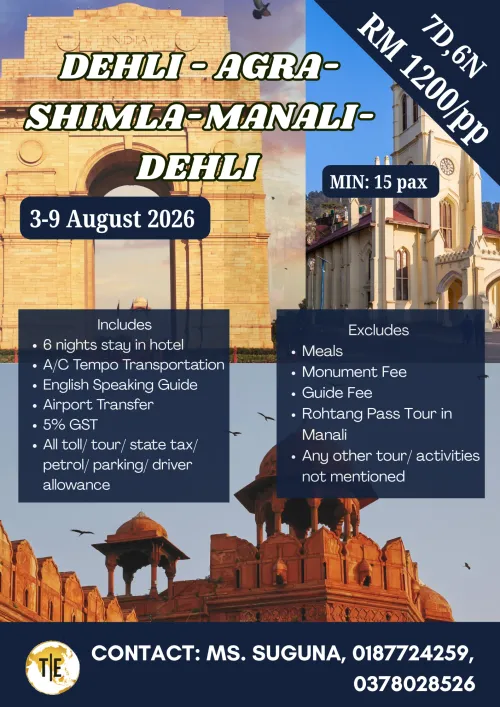 Delhi, Agra, Shimla and Manali tour package poster, 7D6N with pricing and August 2026 dates