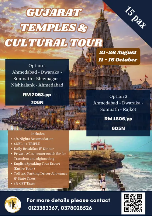 Gujarat temples and cultural tour package poster: Ahmedabad, Dwarka, Somnath, Bhavnagar and Nishkalank, August and October 2026 departures