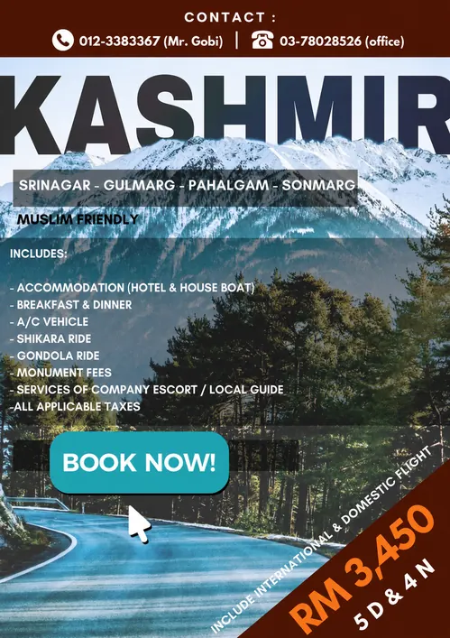 Kashmir tour package poster: Srinagar, Gulmarg, Pahalgam and Sonmarg, Muslim friendly with houseboat and shikara ride, 5 days 4 nights