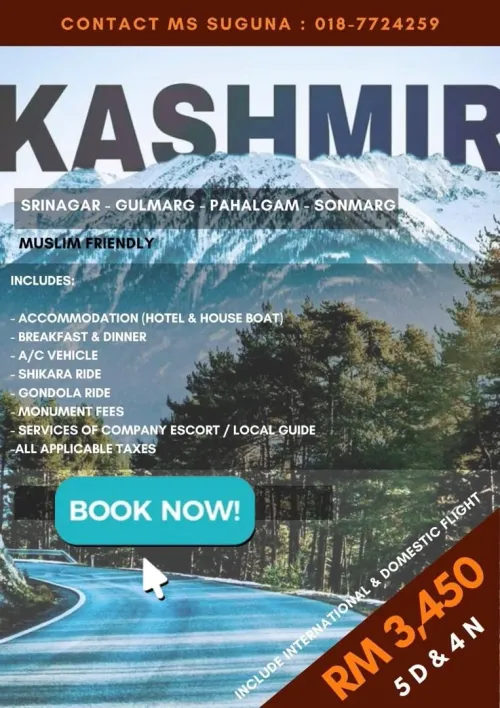 Kashmir tour package poster: Srinagar, Gulmarg, Pahalgam and Sonmarg, Muslim-friendly, 5D4N with pricing