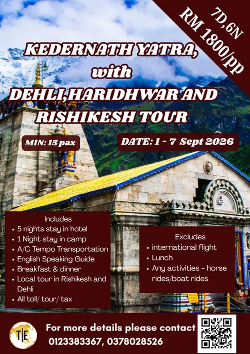 Kedarnath Yatra tour package poster: Delhi, Haridwar and Rishikesh pilgrimage, 7 days 6 nights, September 2026 departure