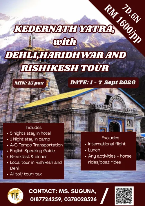 Kedarnath Yatra with Delhi, Haridwar and Rishikesh tour package poster, 7D6N with pricing and September 2026 dates