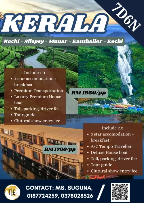 Kerala tour package poster: Kochi, Alleppey houseboat and Munar tea hills, 7D6N with pricing