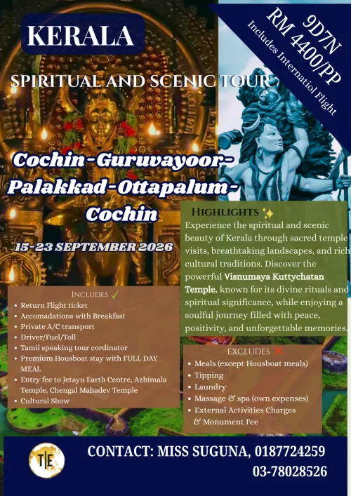 Kerala Spiritual and Scenic Tour package poster, 9D7N with pricing, includes international flight