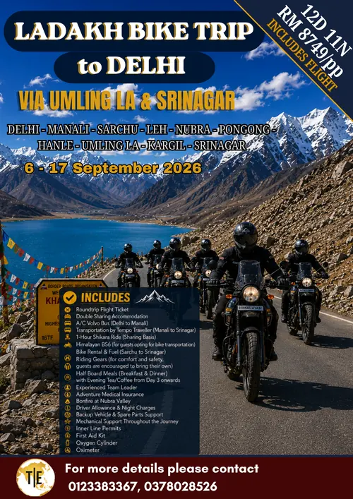 Ladakh motorbike tour package poster: Delhi, Manali, Leh, Nubra, Pangong, Umling La and Srinagar, 12 days 11 nights, includes flight