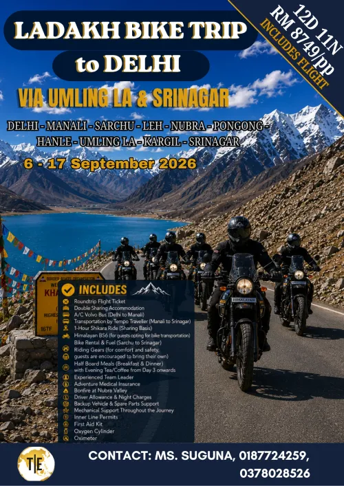 Ladakh bike trip tour package poster via Umling La and Srinagar, 12D11N with pricing, includes flight