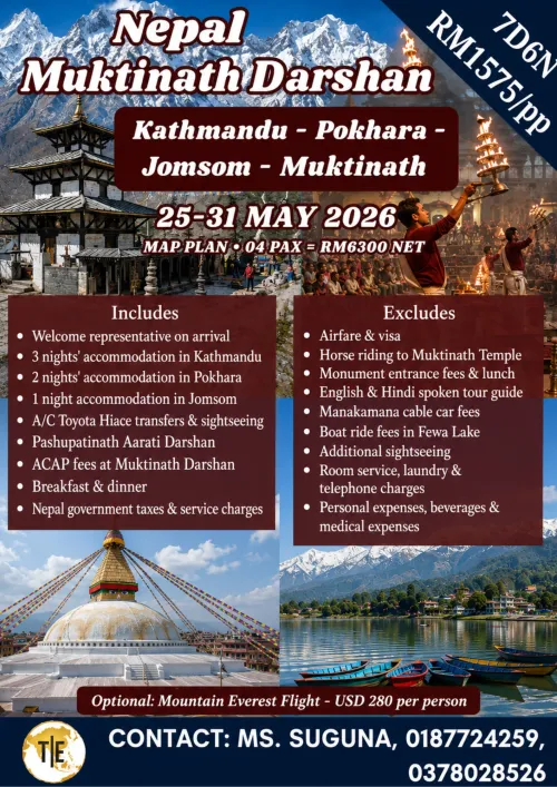 Nepal Muktinath Darshan tour package poster, 7D6N with pricing and May 2026 dates