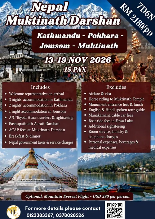 Nepal Muktinath Darshan tour package poster: Kathmandu, Pokhara and Jomsom pilgrimage, 6 days 5 nights, November 2026 departure