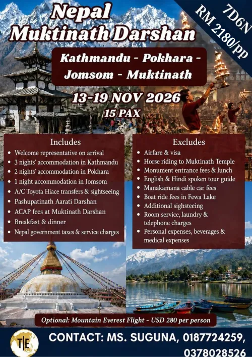 Nepal Muktinath Darshan tour package poster, 7D6N with pricing and November 2026 dates