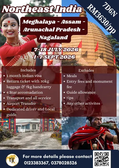 Northeast India tour package poster: Meghalaya, Assam, Arunachal Pradesh and Nagaland, July and September 2026 departures