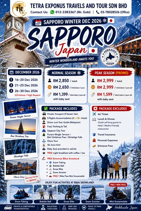 Sapporo Japan winter tour package poster: Hokkaido, Furano Ningle Terrace and Biei Christmas tree, December 2026 departures