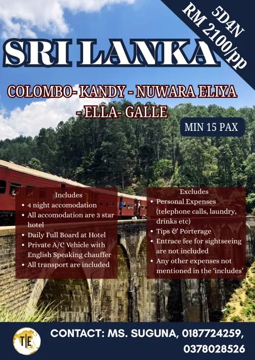 Sri Lanka tour package poster: Colombo, Kandy, Nuwara Eliya, Ella and Galle, 5D4N with pricing