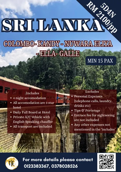 Sri Lanka tour package poster: Colombo, Kandy, Nuwara Eliya, Ella and Galle, 5 days 4 nights