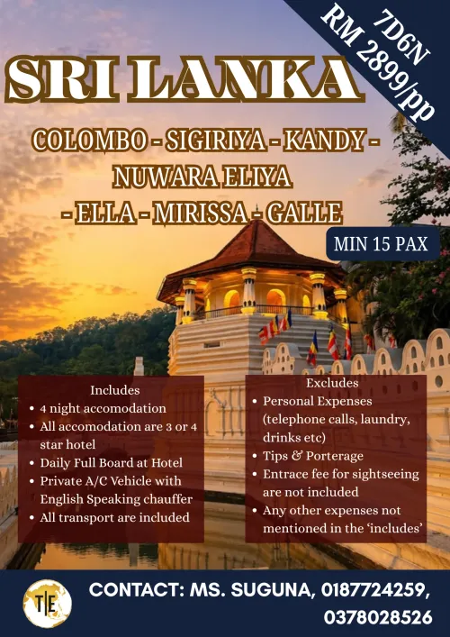 Sri Lanka tour package poster: Colombo, Sigiriya, Kandy, Nuwara Eliya, Ella, Mirissa and Galle, 7D6N with pricing