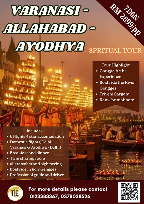 Varanasi, Allahabad and Ayodhya spiritual tour package poster: Ganga Aarti and Ganges boat ride, 7 days 6 nights