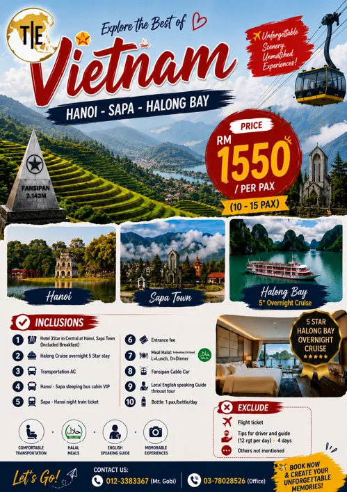 Vietnam tour package poster: Hanoi, Sapa and Halong Bay with Fansipan cable car, from RM1550 per person