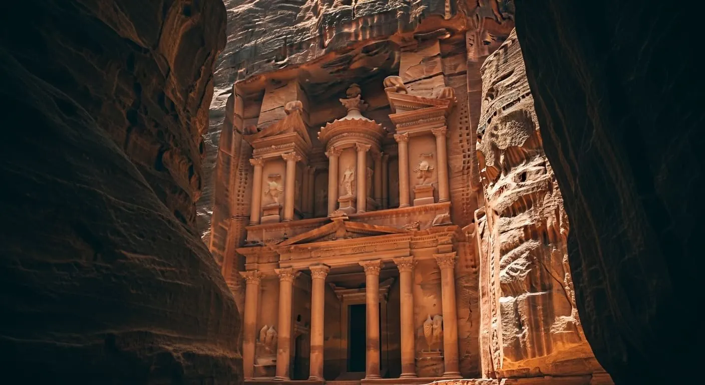 Rose-red rock-carved treasury revealed through a narrow canyon at dusk