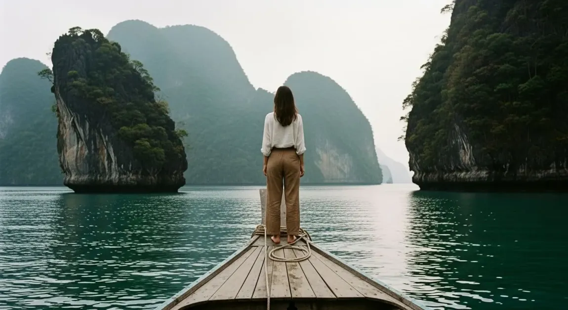 Traveller standing on a wooden boat between karst islands at dawn — the spirit of journey
